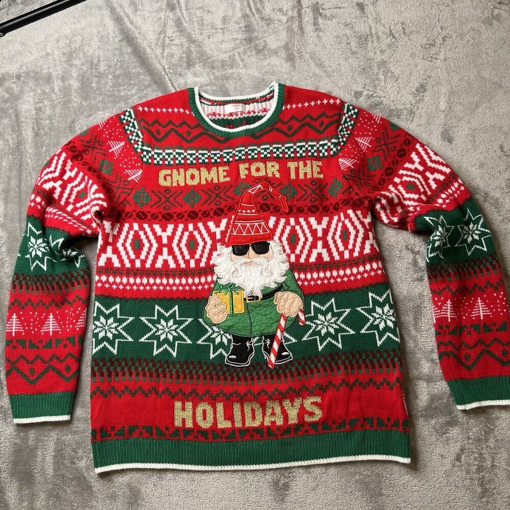 Holiday Time Sweater Men’s Large Red Pullover Gnome for the Holidays Christmas